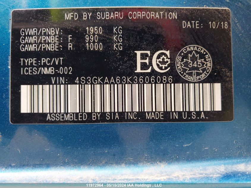 2019 Subaru Impreza VIN: 4S3GKAA63K3606086 Lot: 11972964