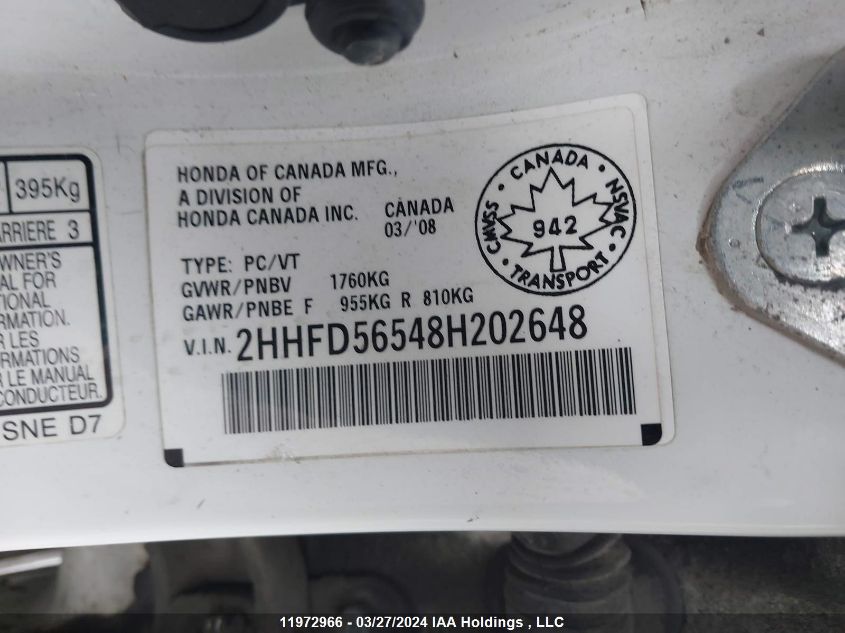 2008 Acura Csx VIN: 2HHFD56548H202648 Lot: 11972966