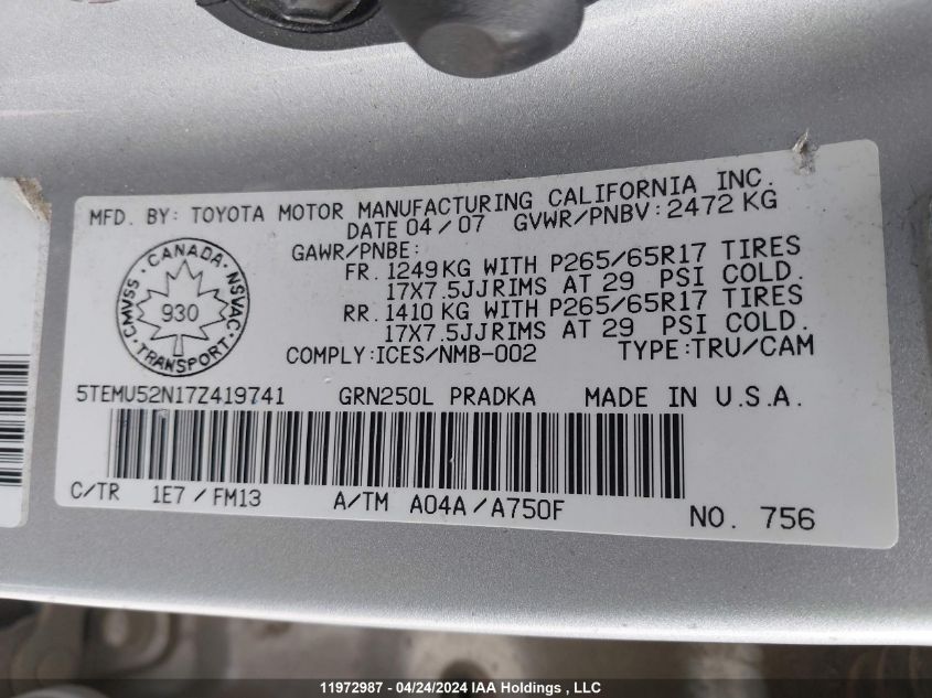 2007 Toyota Tacoma Double Cab Long Bed VIN: 5TEMU52N17Z419741 Lot: 11972987