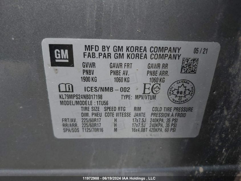 2022 Chevrolet Trailblazer VIN: KL79MPS24NB017198 Lot: 11972988