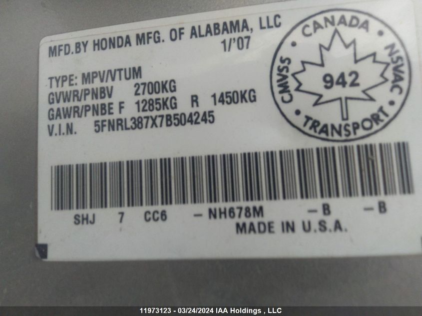 2007 Honda Odyssey VIN: 5FNRL387X7B504245 Lot: 11973123