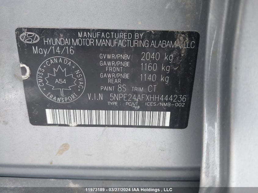 2017 Hyundai Sonata VIN: 5NPE24AFXHH444236 Lot: 11973189