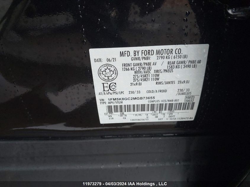 2021 Ford Explorer VIN: 1FM5K8GC2MGB73655 Lot: 11973279