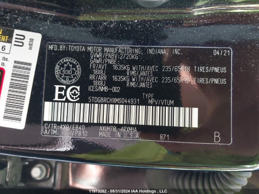 2021 Toyota Highlander Hybrid Xle VIN: 5TDGBRCHXMS044931 Lot: 11973282