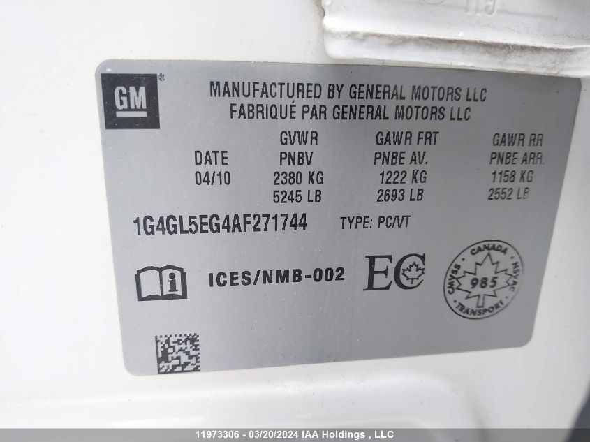 2010 Buick Lacrosse VIN: 1G4GL5EG4AF271744 Lot: 11973306