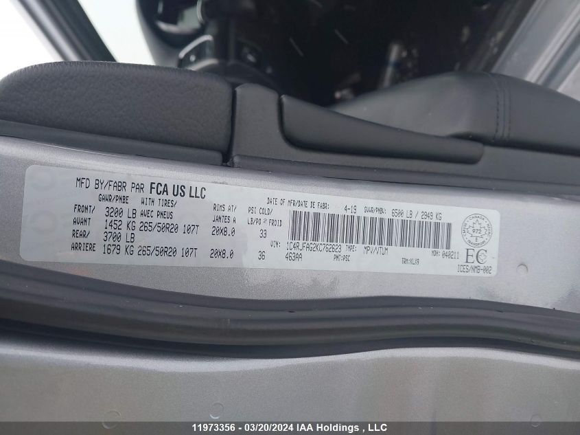 2019 Jeep Grand Cherokee Laredo VIN: 1C4RJFAG2KC762623 Lot: 39236336