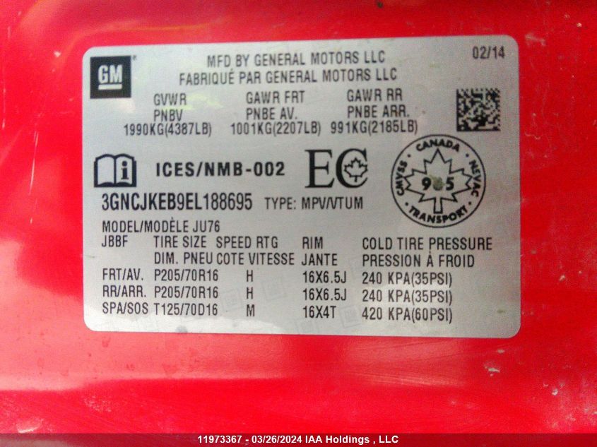 2014 Chevrolet Trax Ls VIN: 3GNCJKEB9EL188695 Lot: 11973367