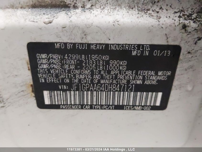 2013 Subaru Impreza VIN: JF1GPAA64DH847121 Lot: 11973381
