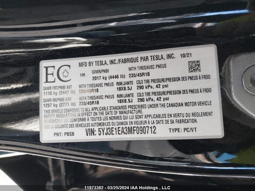 2021 Tesla Model 3 VIN: 5YJ3E1EA3MF090712 Lot: 11973382