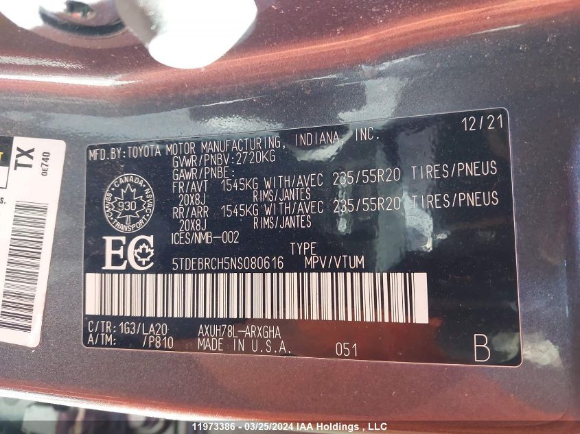 2022 Toyota Highlander VIN: 5TDEBRCH5NS080616 Lot: 11973386