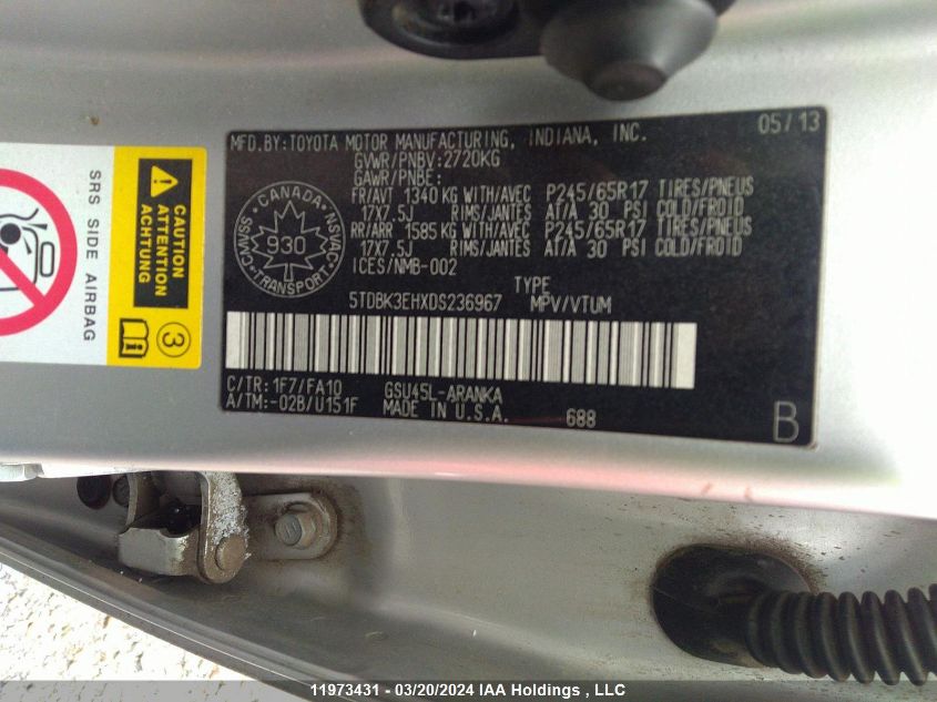 2013 Toyota Highlander Plus/Se VIN: 5TDBK3EHXDS236967 Lot: 11973431