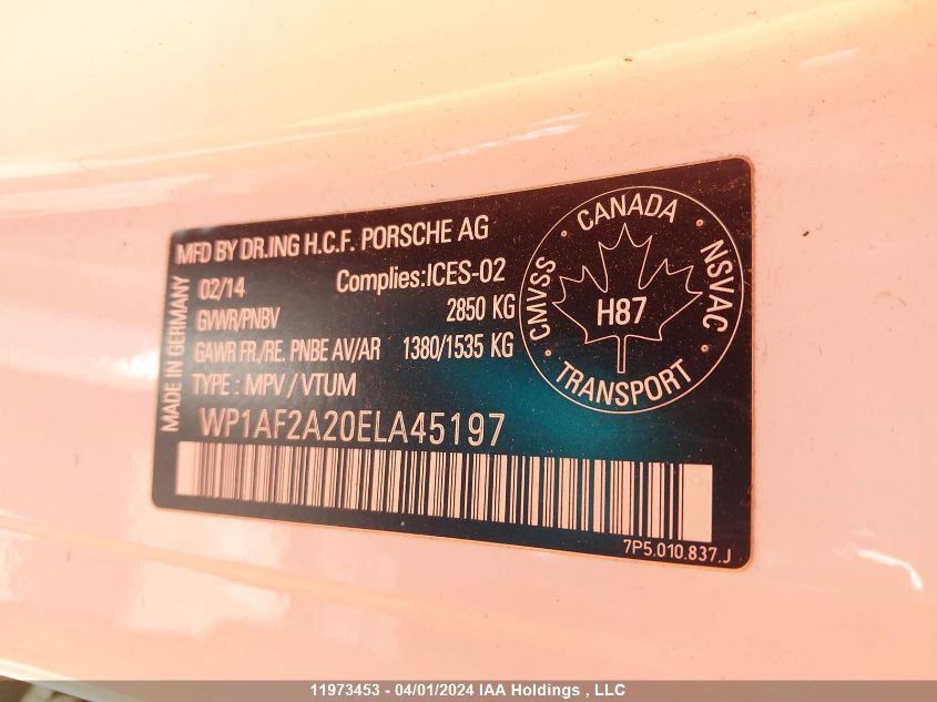 2014 Porsche Cayenne VIN: WP1AF2A20ELA45197 Lot: 11973453
