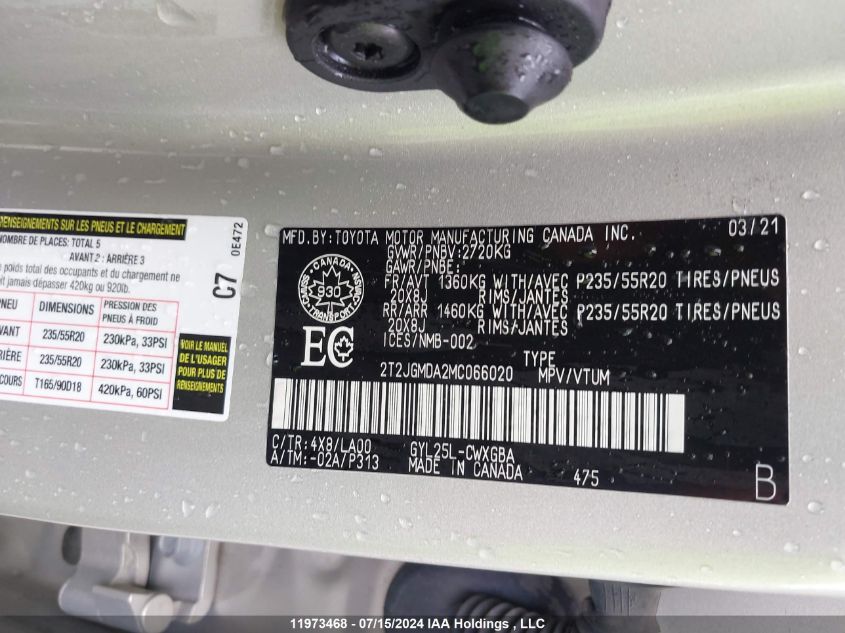 2021 Lexus Rx 450H VIN: 2T2JGMDA2MC066020 Lot: 11973468