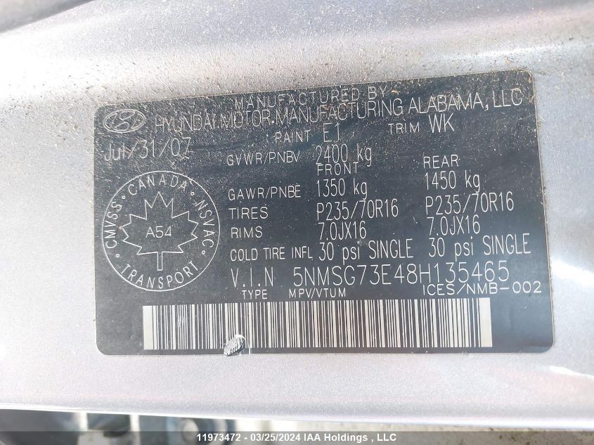 2008 Hyundai Santa Fe VIN: 5NMSG73E48H135465 Lot: 11973472