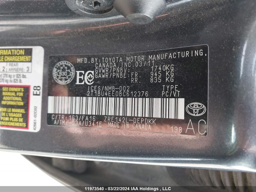 2011 Toyota Corolla S/Le VIN: 2T1BU4EE0BC612376 Lot: 39240799