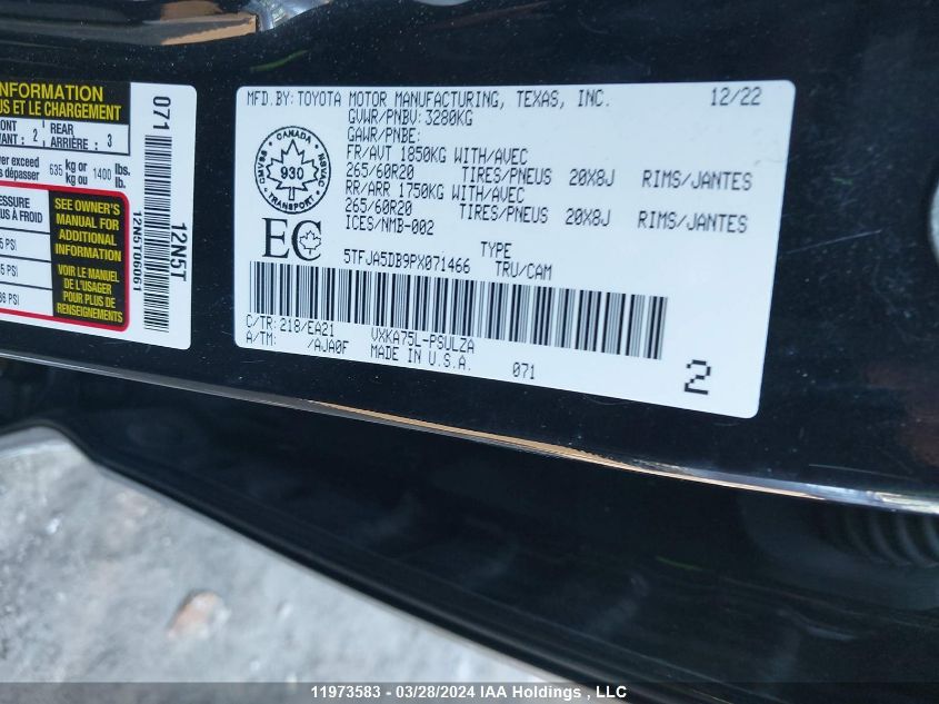 2023 Toyota Tundra Limited VIN: 5TFJA5DB9PX071466 Lot: 11973583