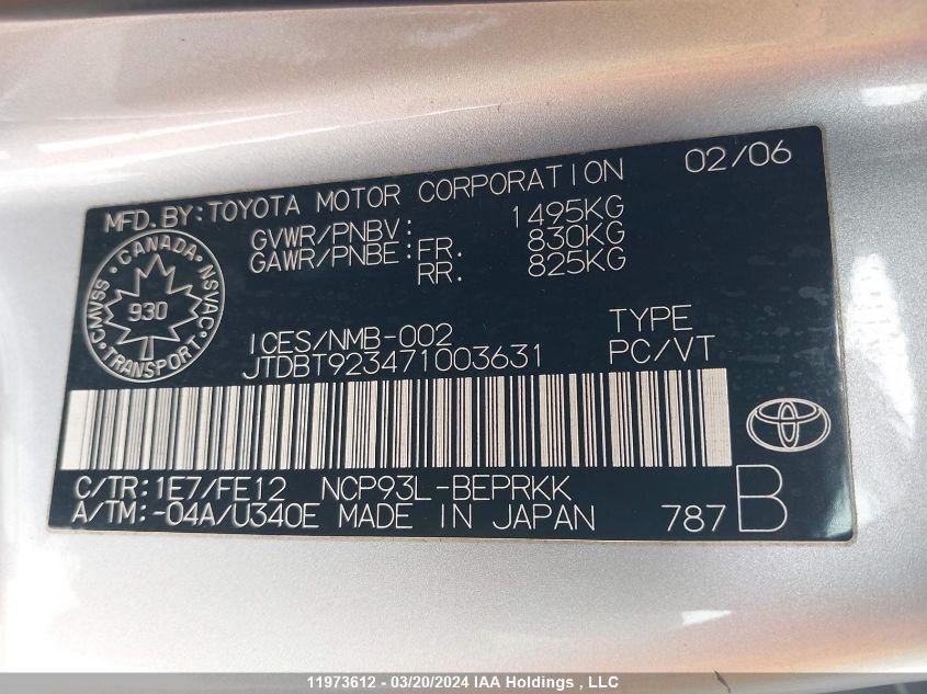 2007 Toyota Yaris VIN: JTDBT923471003631 Lot: 11973612