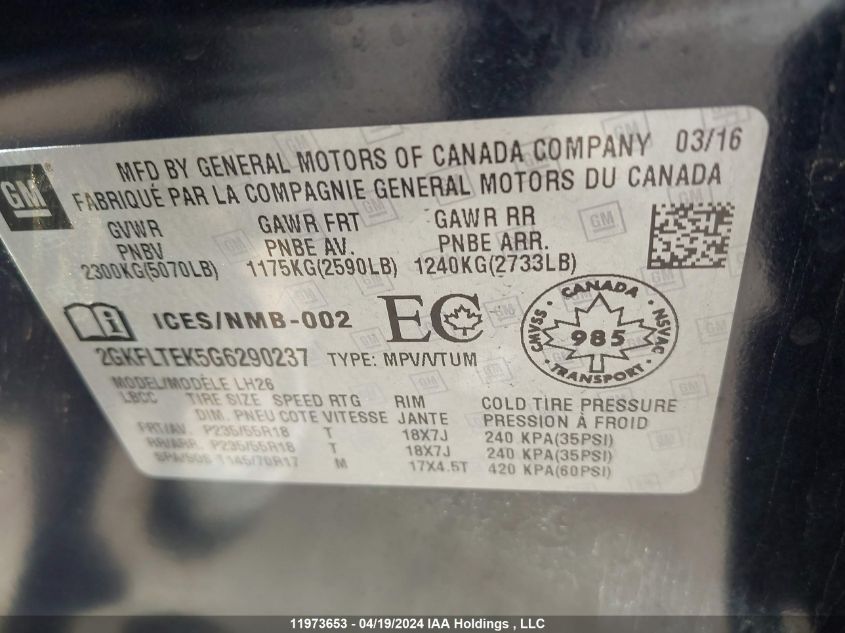 2016 GMC Terrain VIN: 2GKFLTEK5G6290237 Lot: 11973653