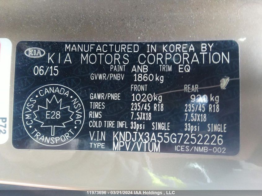 2016 Kia Soul VIN: KNDJX3A55G7252226 Lot: 11973696