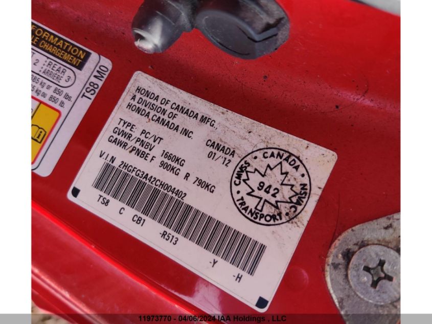 2012 Honda Civic Lx VIN: 2HGFG3A42CH004402 Lot: 11973770