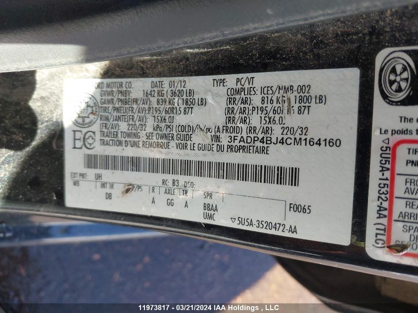 2012 Ford Fiesta Se VIN: 3FADP4BJ4CM164160 Lot: 11973817