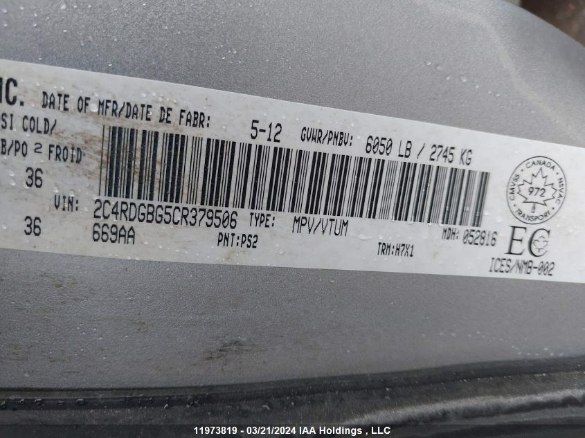 2012 Dodge Grand Caravan Se/Sxt VIN: 2C4RDGBG5CR379506 Lot: 11973819