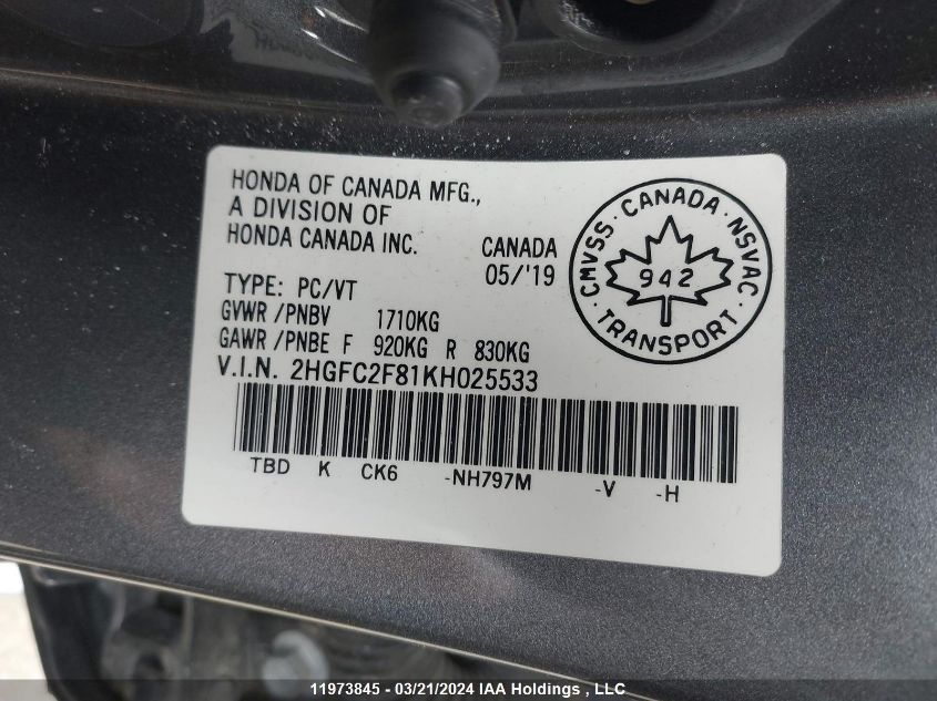 2019 Honda Civic Sport VIN: 2HGFC2F81KH025533 Lot: 11973845