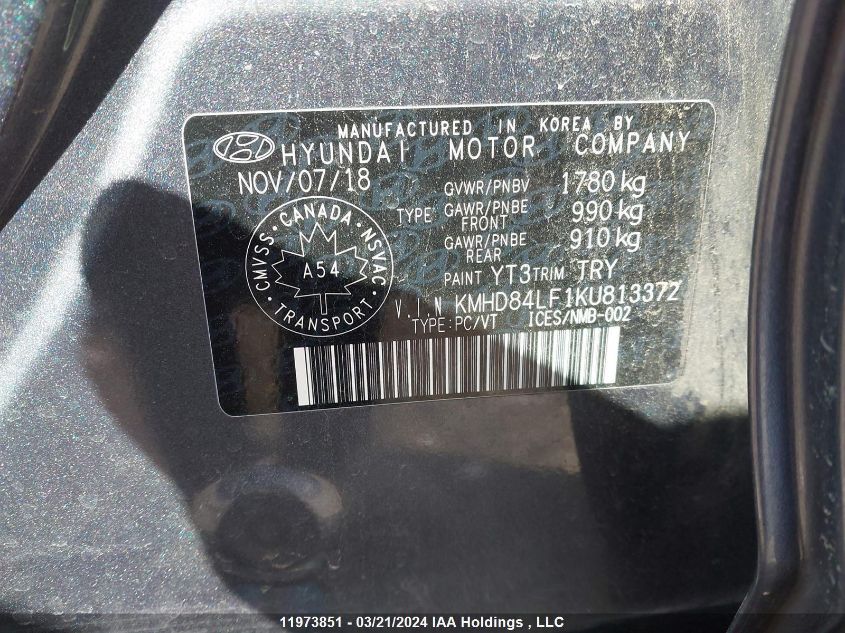 2019 Hyundai Elantra Preferred VIN: KMHD84LF1KU813372 Lot: 11973851
