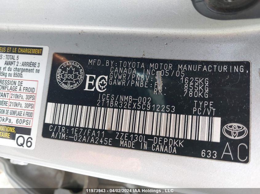 2005 Toyota Corolla Ce/Le/S VIN: 2T1BR32EX5C912253 Lot: 39227463