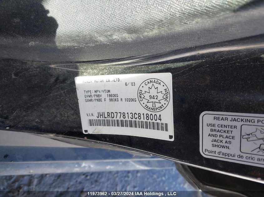 2003 Honda Cr-V VIN: JHLRD77813C818004 Lot: 39240801