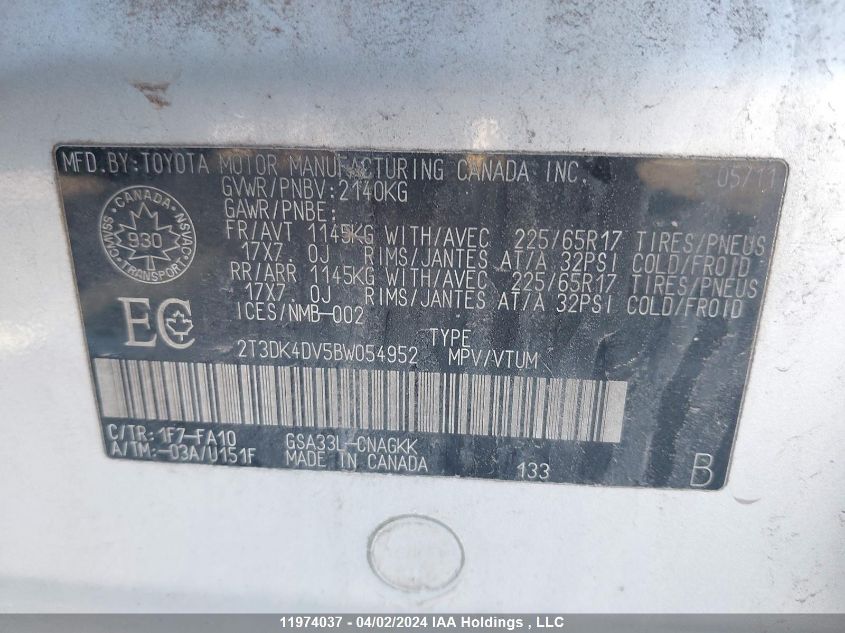 2011 Toyota Rav4 Limited V6 VIN: 2T3DK4DV5BW054952 Lot: 39259154