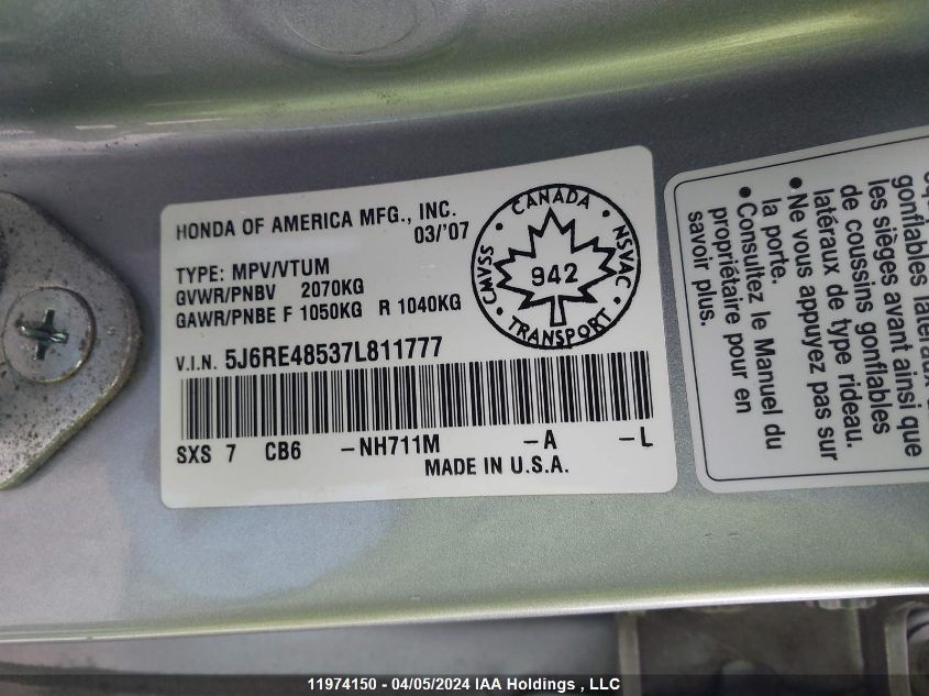 2007 Honda Cr-V VIN: 5J6RE48537L811777 Lot: 11974150