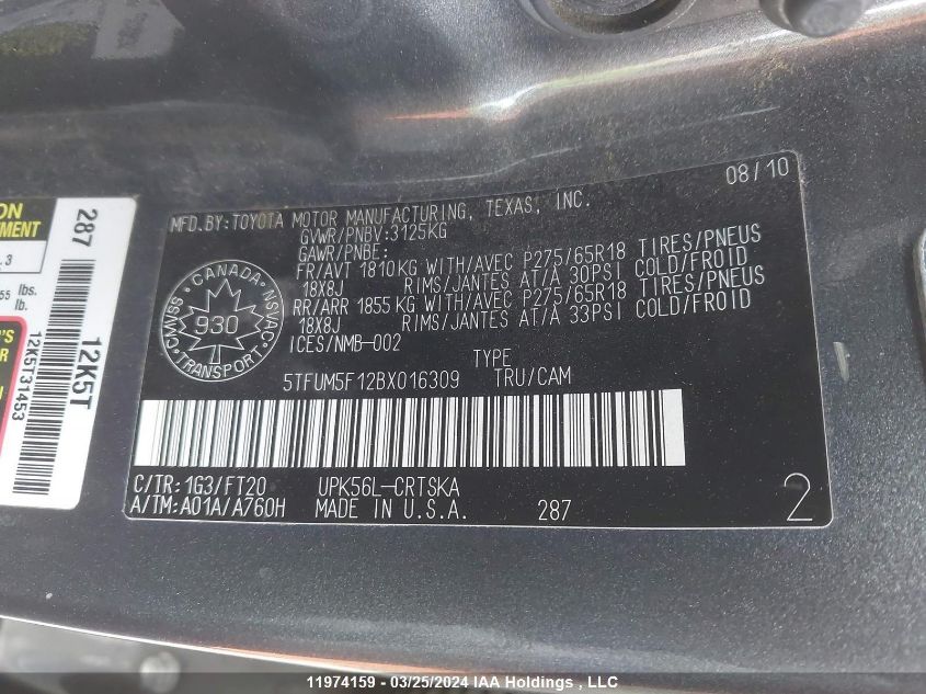 2011 Toyota Tundra Sr5 4.6L V8 VIN: 5TFUM5F12BX016309 Lot: 11974159