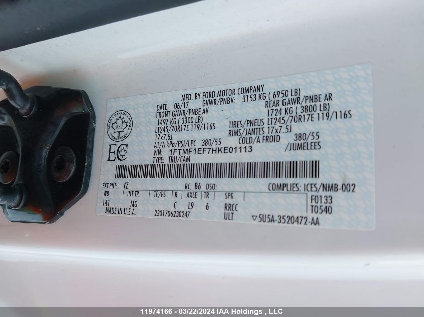 2017 Ford F150 VIN: 1FTMF1EF7HKE01113 Lot: 11974166