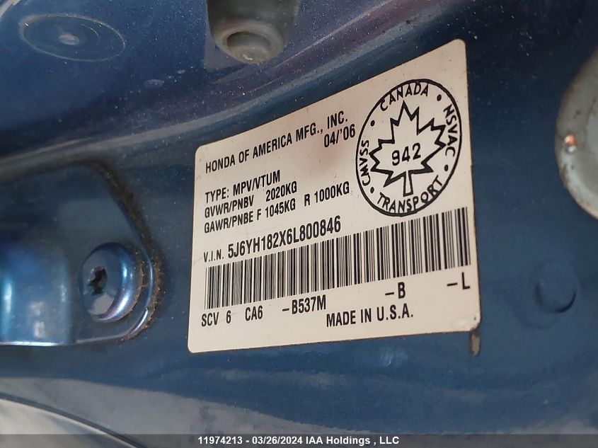 2006 Honda Element VIN: 5J6YH182X6L800846 Lot: 11974213