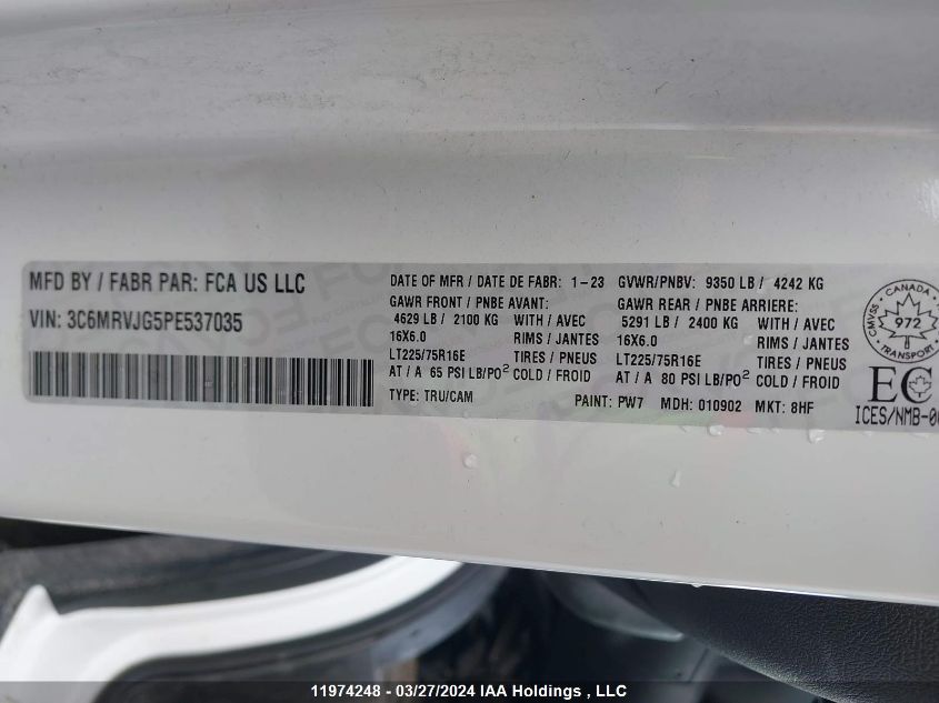 2023 Ram Promaster 3500 High VIN: 3C6MRVJG5PE537035 Lot: 11974248