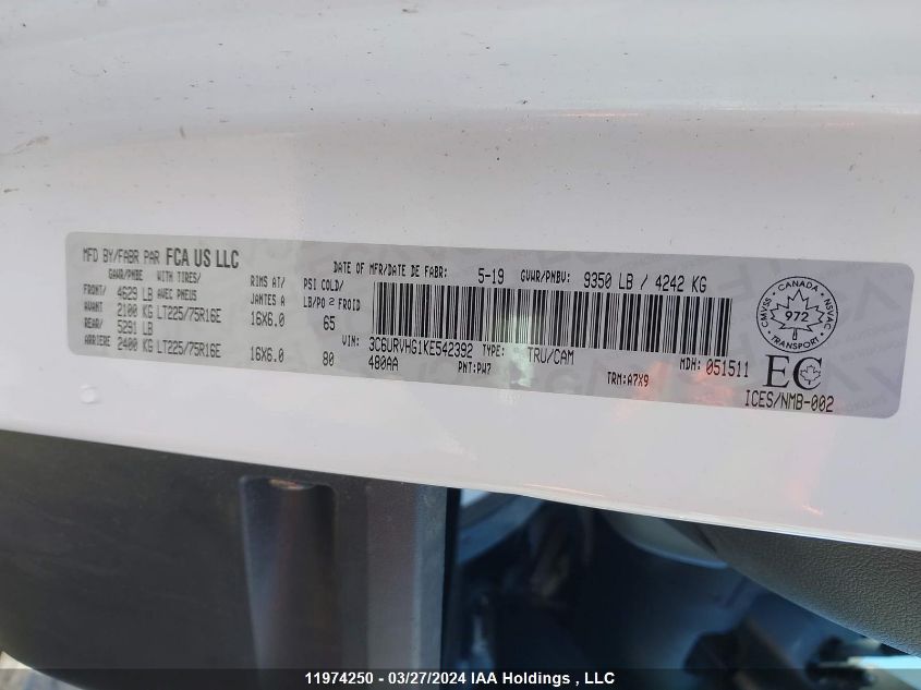 2019 Ram Promaster 3500 High VIN: 3C6URVHG1KE542392 Lot: 11974250