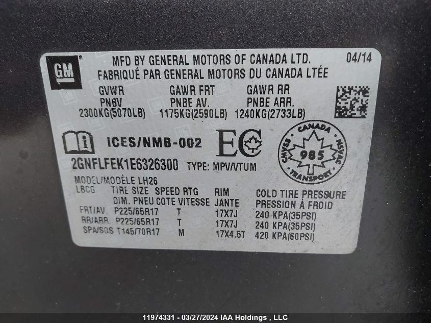 2014 Chevrolet Equinox Lt VIN: 2GNFLFEK1E6326300 Lot: 39236569