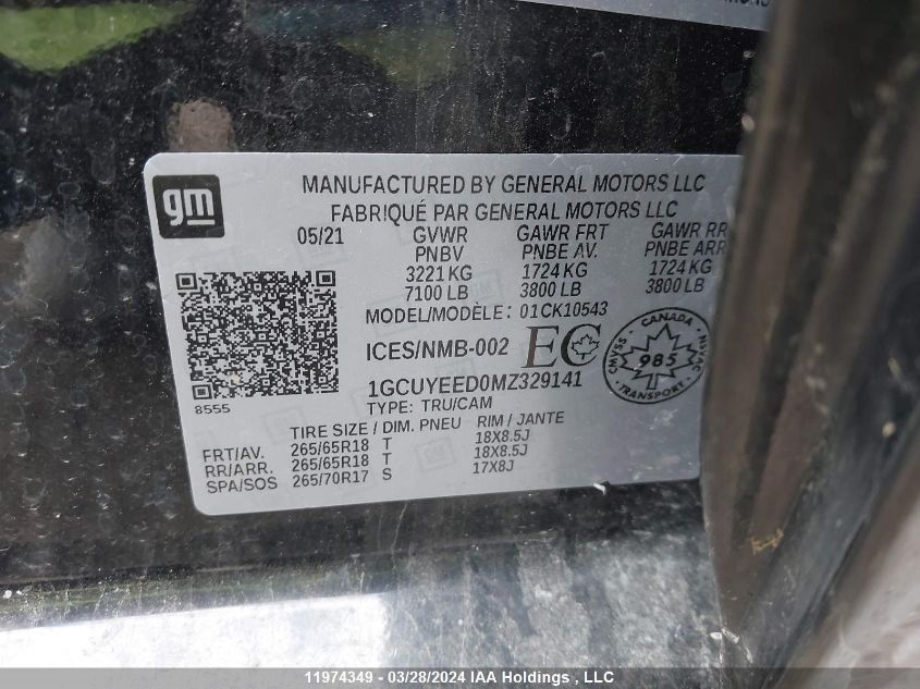 2021 Chevrolet Silverado 1500 VIN: 1GCUYEED0MZ329141 Lot: 11974349