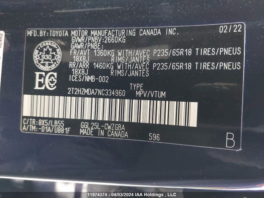 2022 Lexus Rx 350 VIN: 2T2HZMDA7NC334960 Lot: 11974374