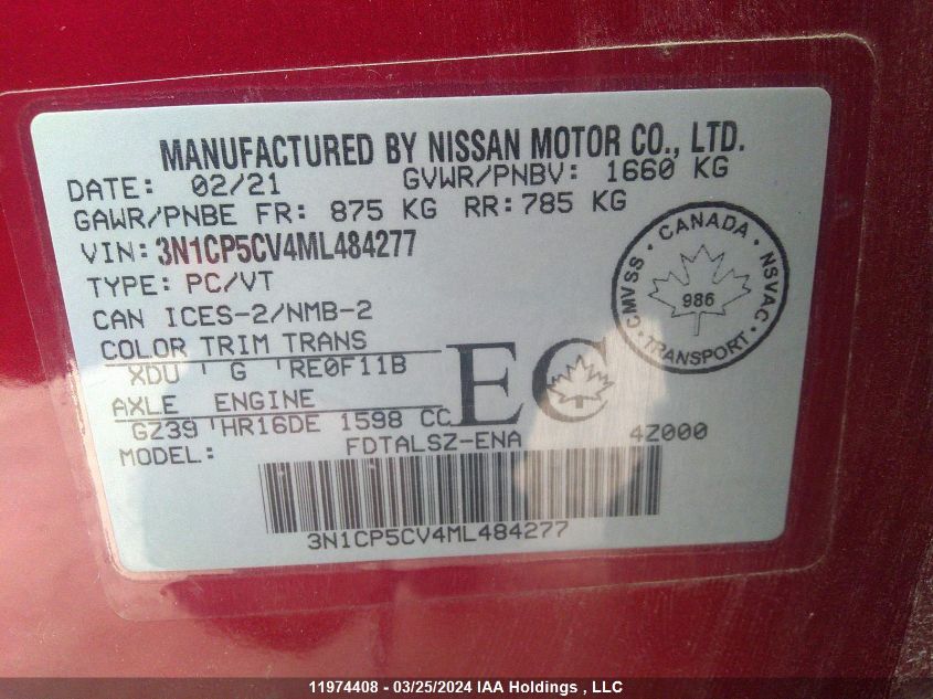 2021 Nissan Kicks VIN: 3N1CP5CV4ML484277 Lot: 11974408