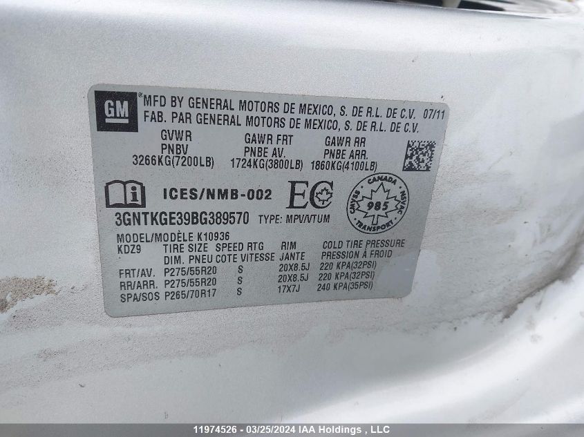 2011 Chevrolet Avalanche VIN: 3GNTKGE39BG389570 Lot: 11974526