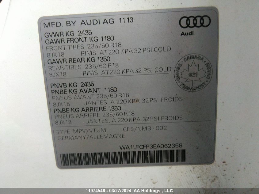 2014 Audi Q5 VIN: WA1LFCFP3EA062358 Lot: 11974546