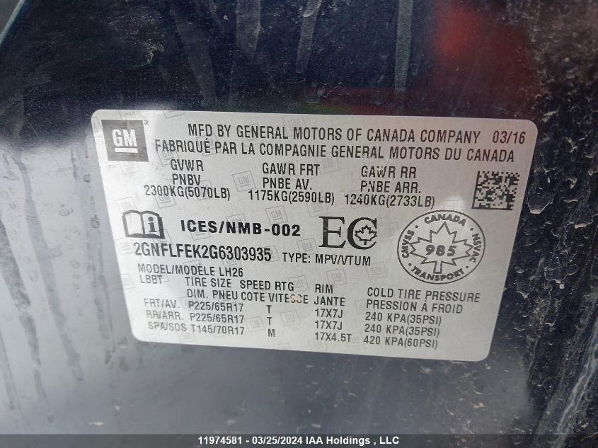 2016 Chevrolet Equinox Lt VIN: 2GNFLFEK2G6303935 Lot: 11974581