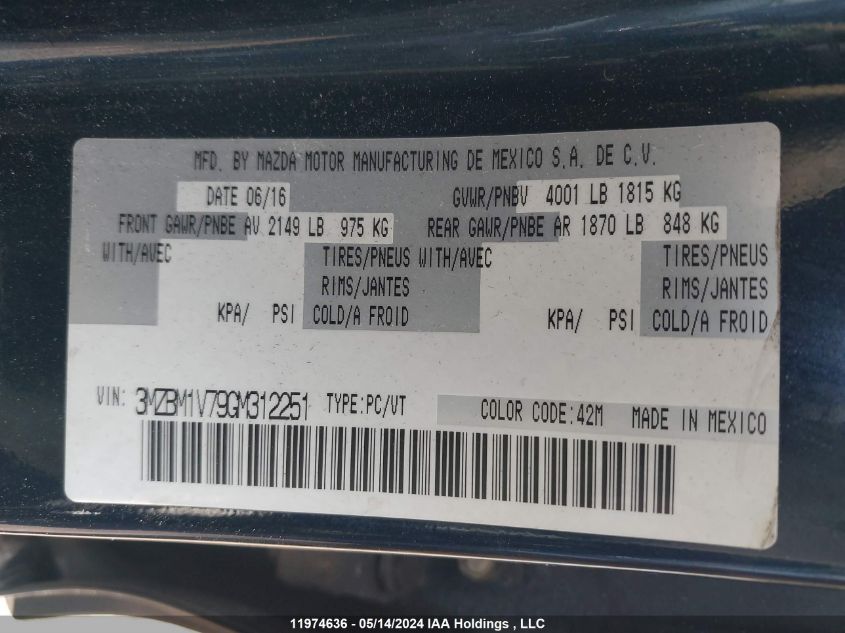 2016 Mazda 3 Touring VIN: 3MZBM1V79GM312251 Lot: 11974636