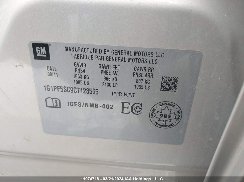 2012 Chevrolet Cruze Lt VIN: 1G1PF5SC9C7128565 Lot: 11974718