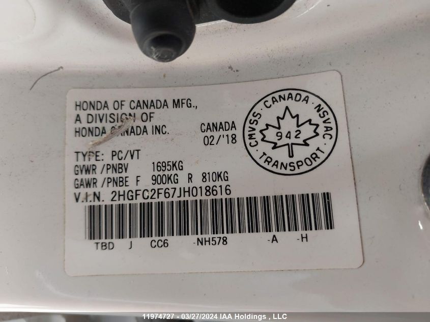 2018 Honda Civic VIN: 2HGFC2F67JH018616 Lot: 11974727