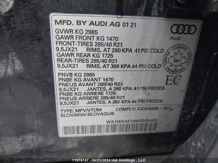 2021 Audi Q7 Technik VIN: WA1WXAF74MD029400 Lot: 11974747