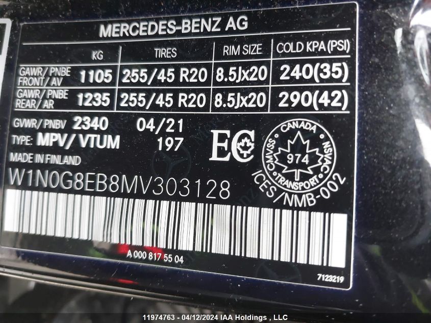 2021 Mercedes-Benz Glc VIN: W1N0G8EB8MV303128 Lot: 11974763