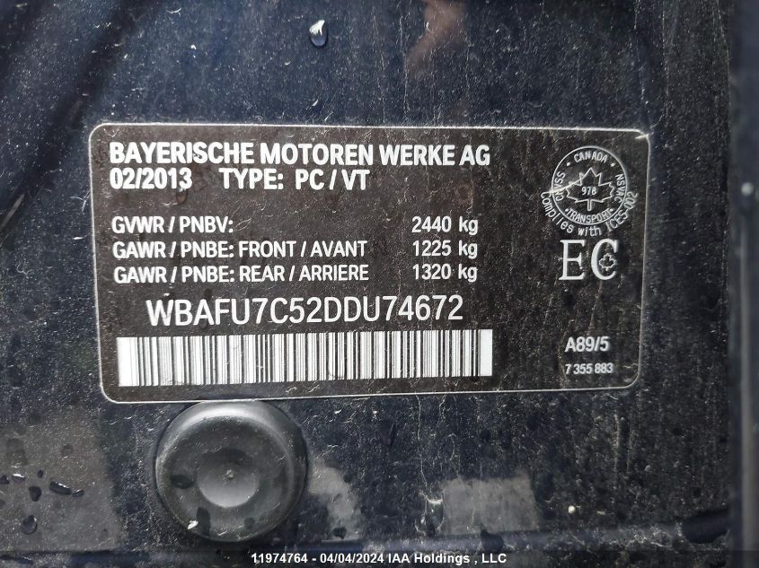 2013 BMW 535 Xi VIN: WBAFU7C52DDU74672 Lot: 11974764